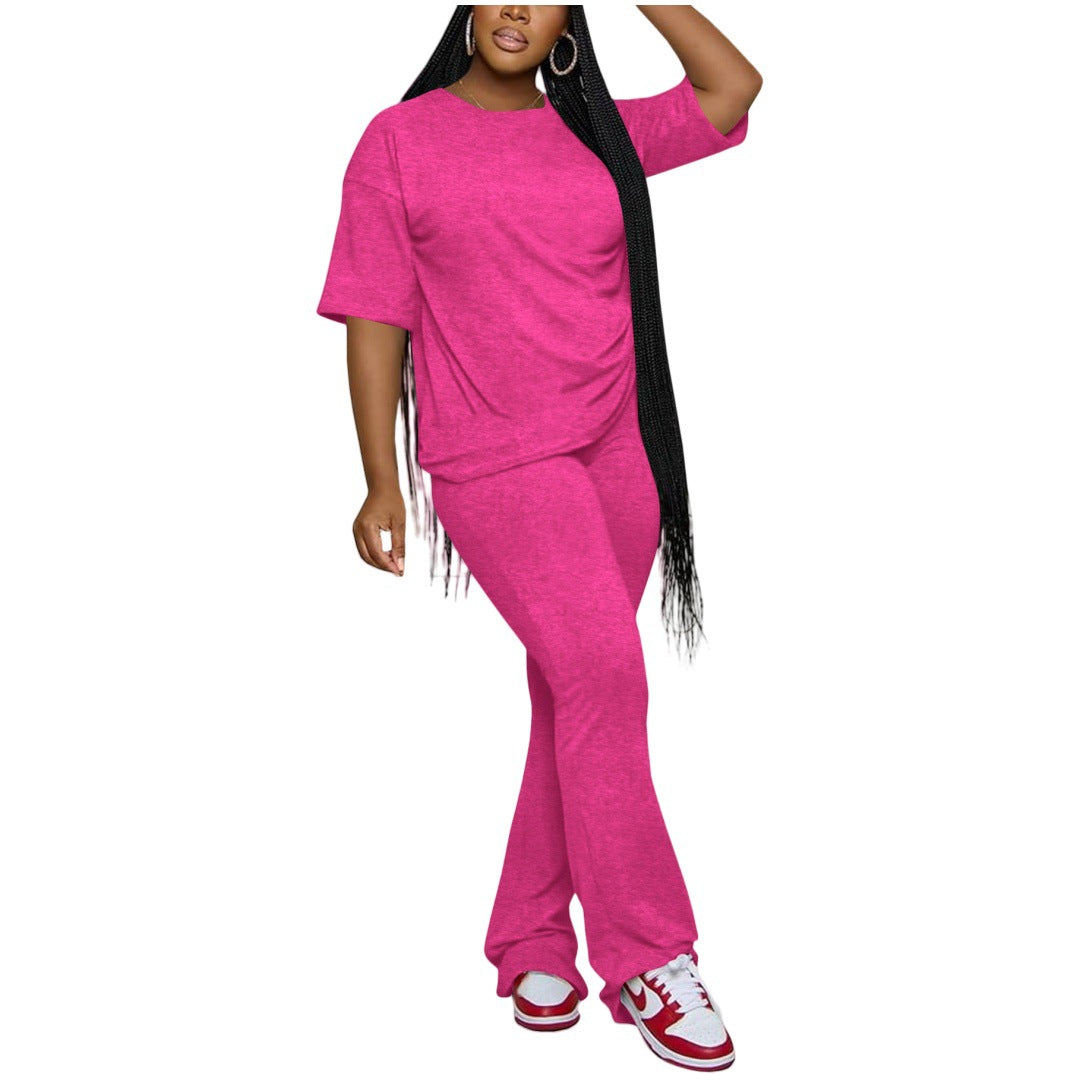 Women Casual Solid Round Neck Top and Pants Two-Piece Set 12