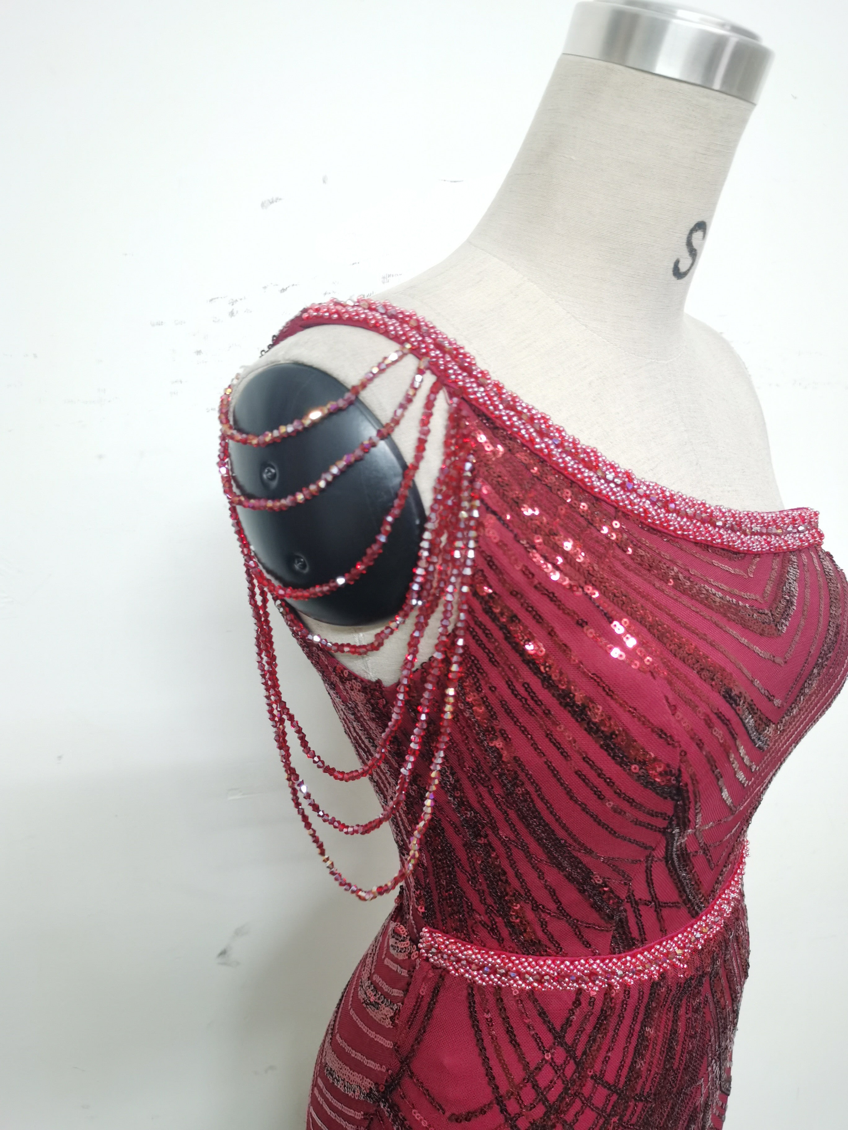 Women Flower Sequin Beaded One-shoulder Slash Shoulder Split Evening Dress 26