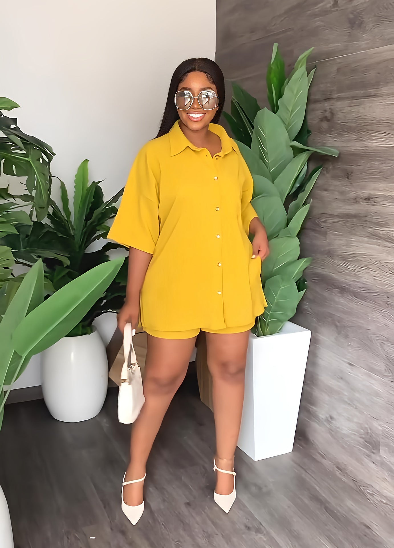 Solid Turndown Collar Long Shirt Casual Shorts Set Women's Two Piece 4