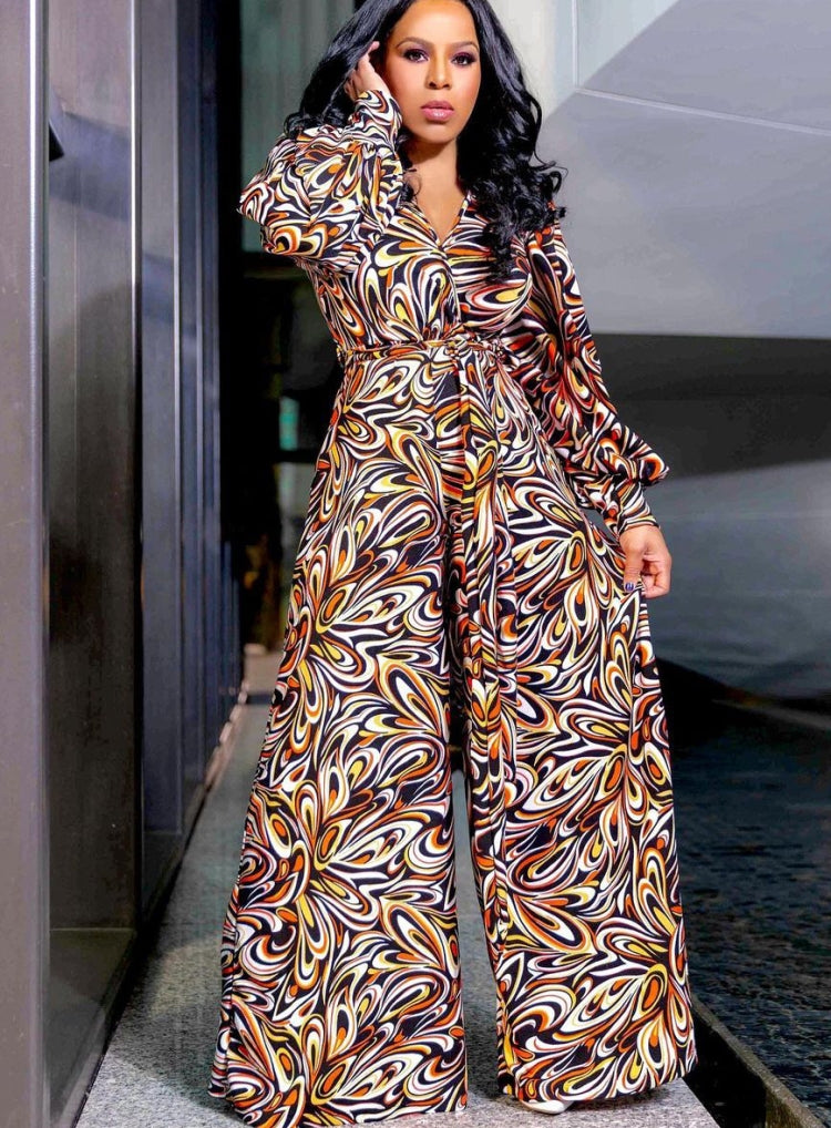 Winter Print V-Neck Wide Leg Long Sleeve Formal Jumpsuit