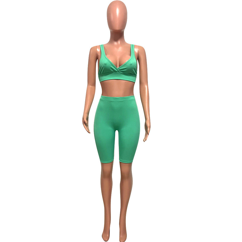 Summer fashionable beach holidays casual ribbed solid color two-piece shorts set 17