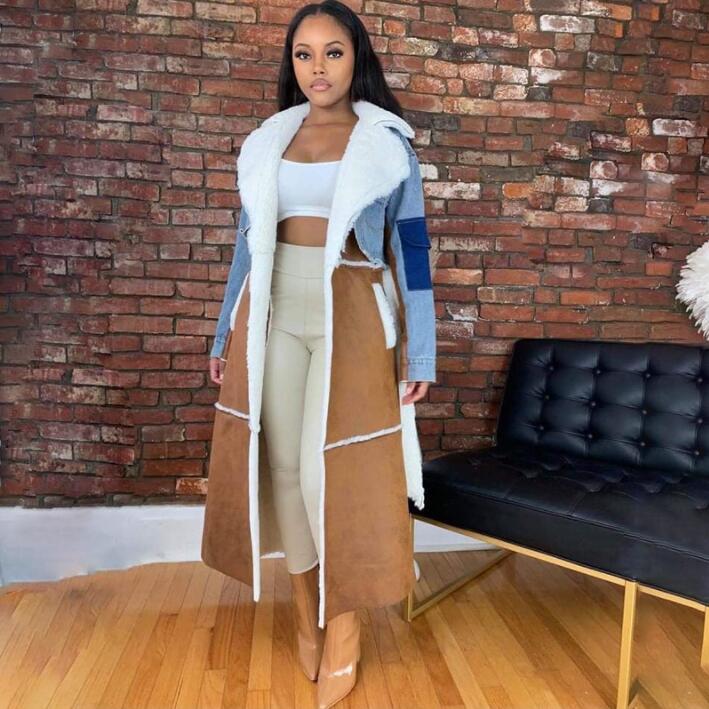 Winter Blue Denim Patch Fleece Full Sleeves Thick Long Coat 4