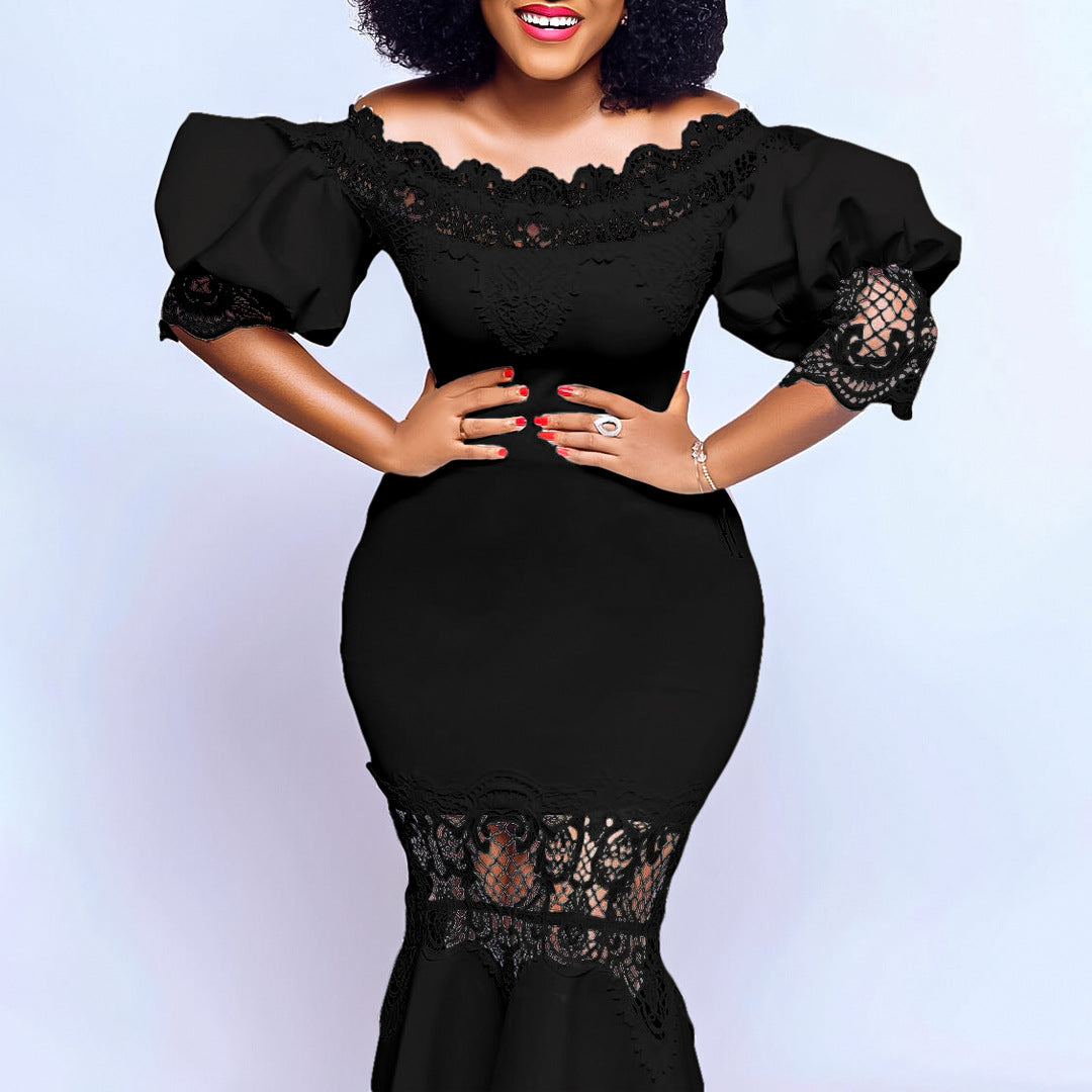 Women Off Shoulder Puff Sleeve Lace Patchwork Formal Party Mermaid Dress 6