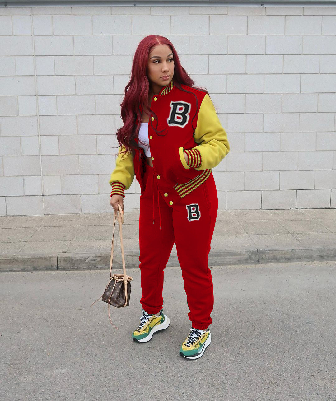 Women Letter Baseball Jacket and Pant Two-Piece Set