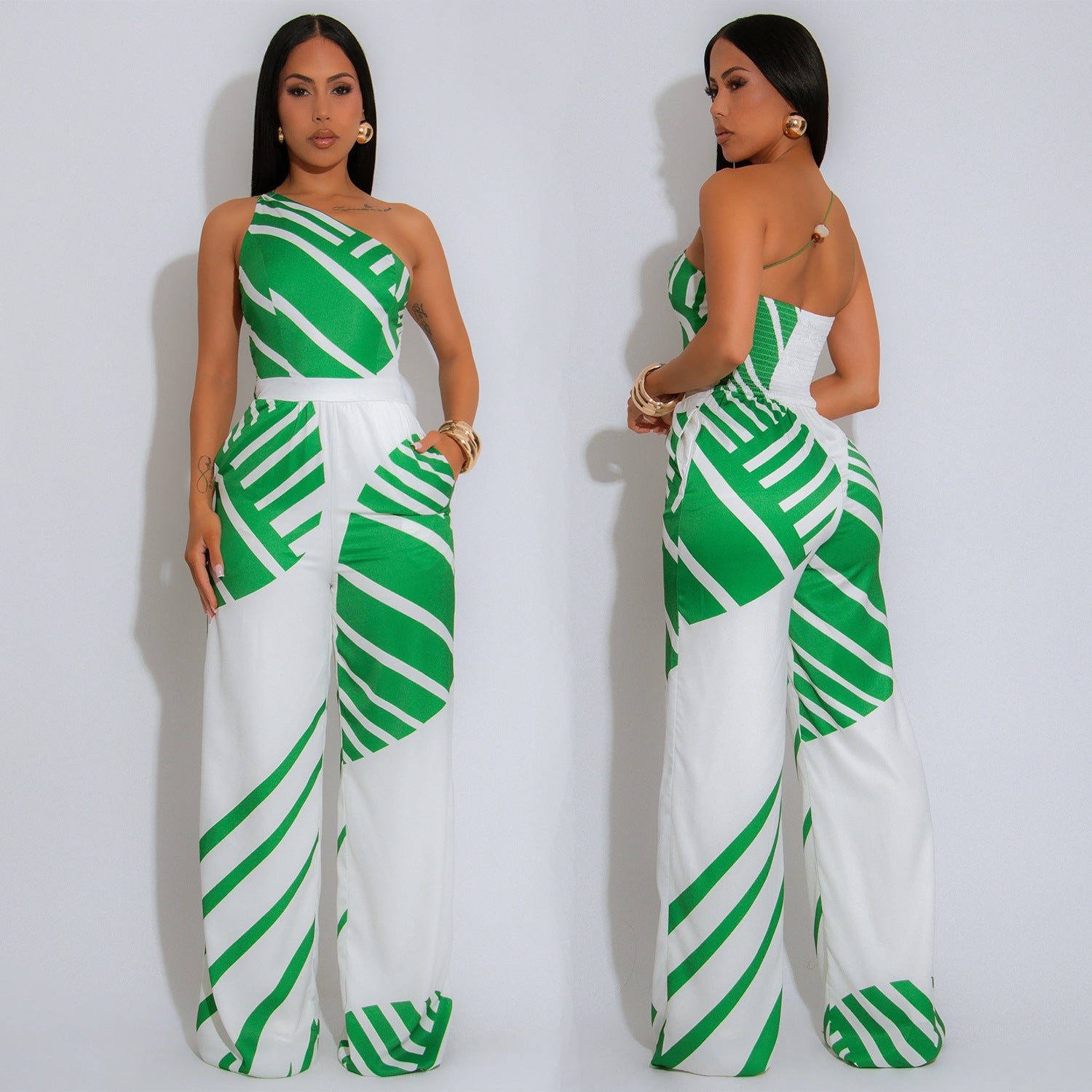 Fashion Women's Summer Casual Low-Back Slash-Shoulder Striped Jumpsuit