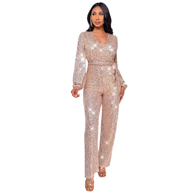 Fashion Casual Long Sleeve Belt Sequin Jumpsuit Women's Clothing 24