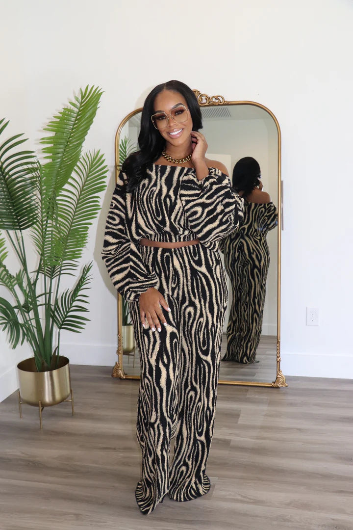 Autumn Women's Clothing Slash Shoulder Printed Two-Piece Pants Set