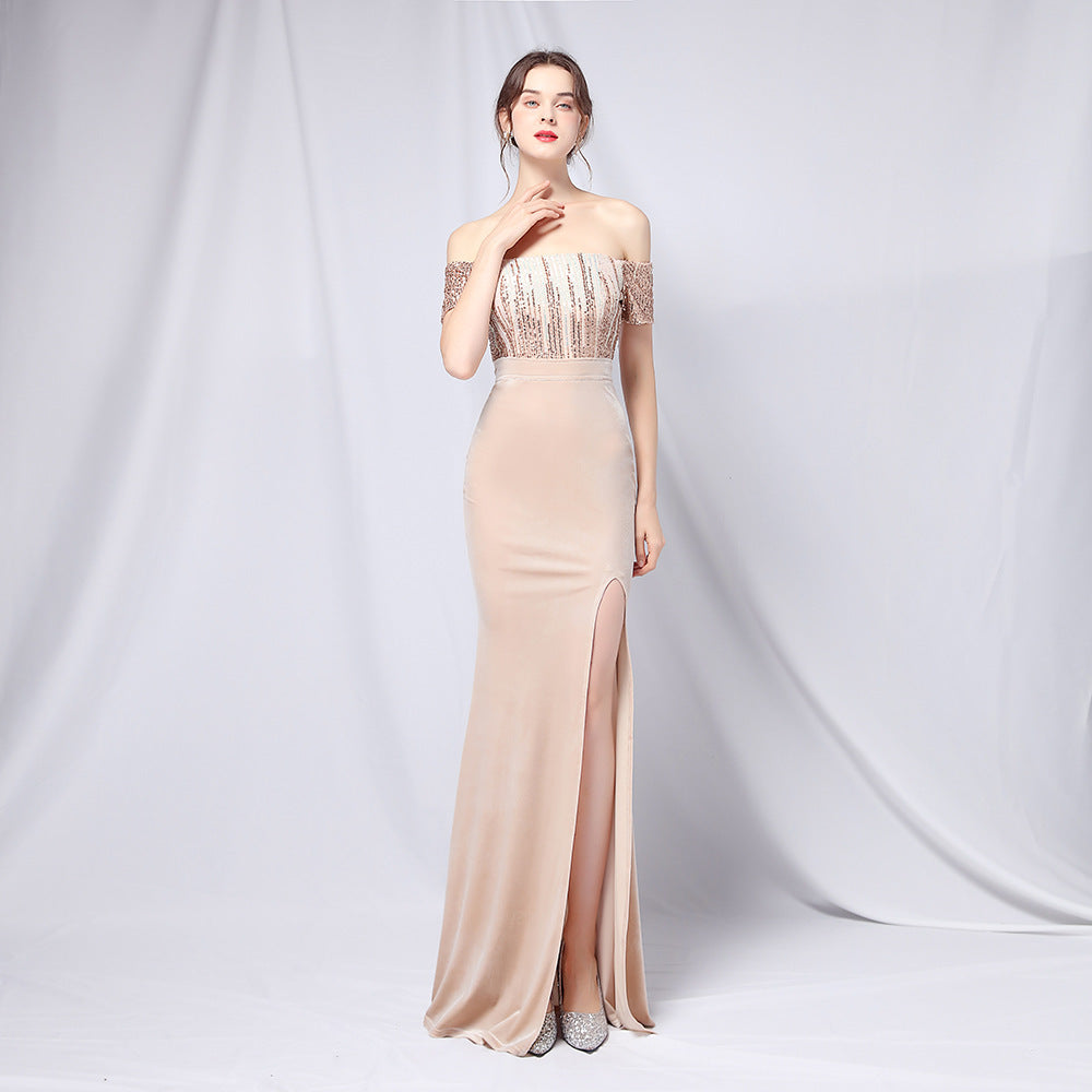 Summer Formal Sequin Upper Off Shoulder Slit Evening Dress 5