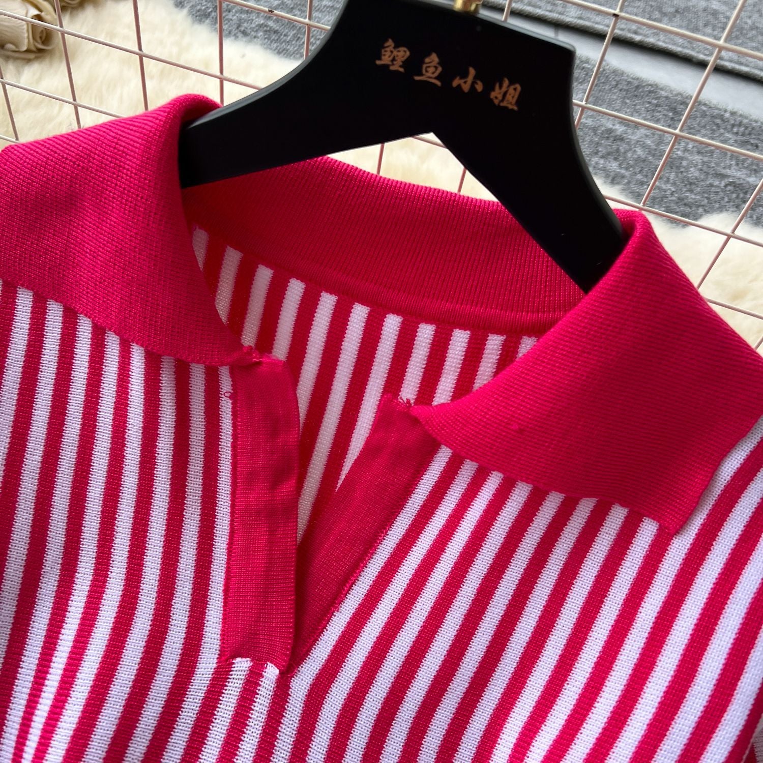 Contrast Turndown Collar Short-Sleeved Striped Women's Slim Waist Knitting Dress 12