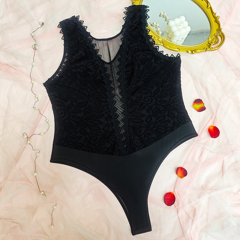 Plus Size Women Black Diamond Lace Patchwork Lace Sexy Bodysuit 9