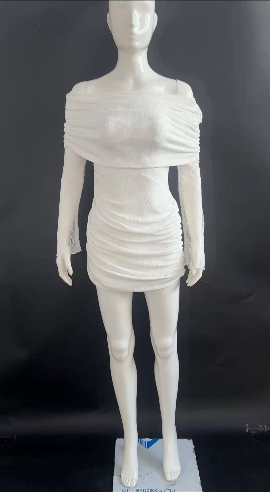 Women's Chic Lace Patchwork Off-Shoulder Knit Short Dress 5