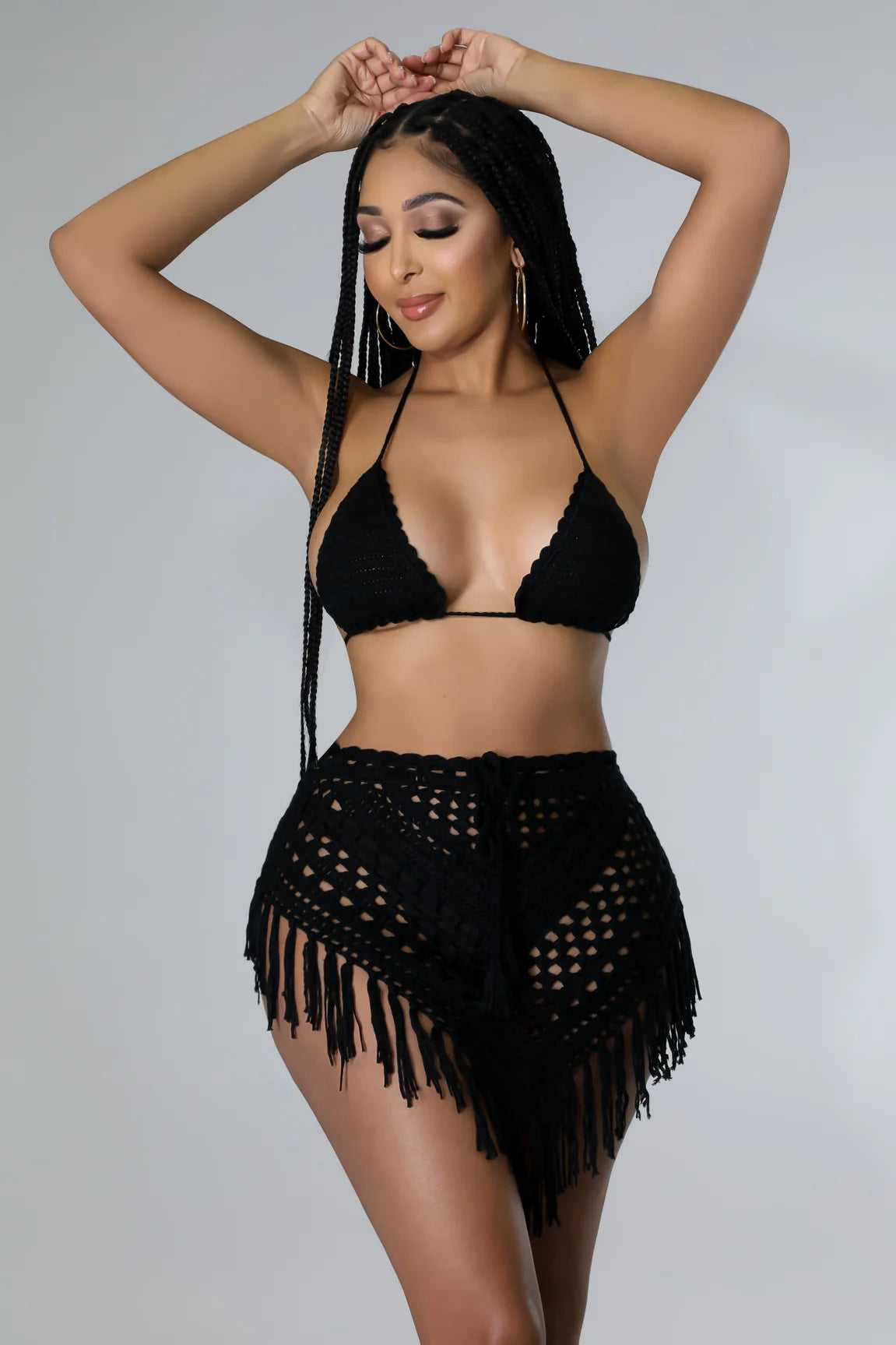 Summer Crocheted Hollow Bra Tassel Short Skirt Sexy Two-Piece Set 3