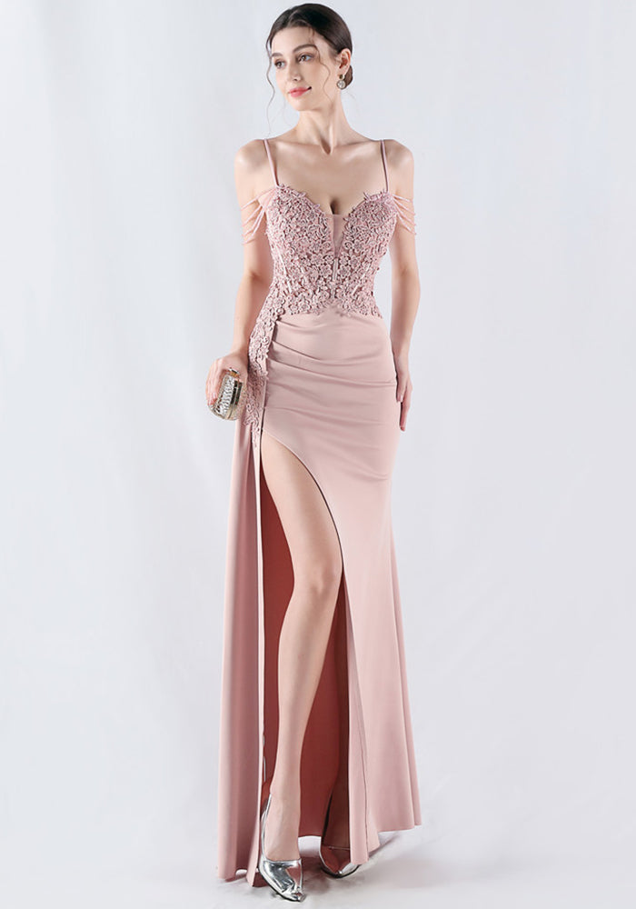 Women Beaded Flowered Fishbone Beaded Evening Dress