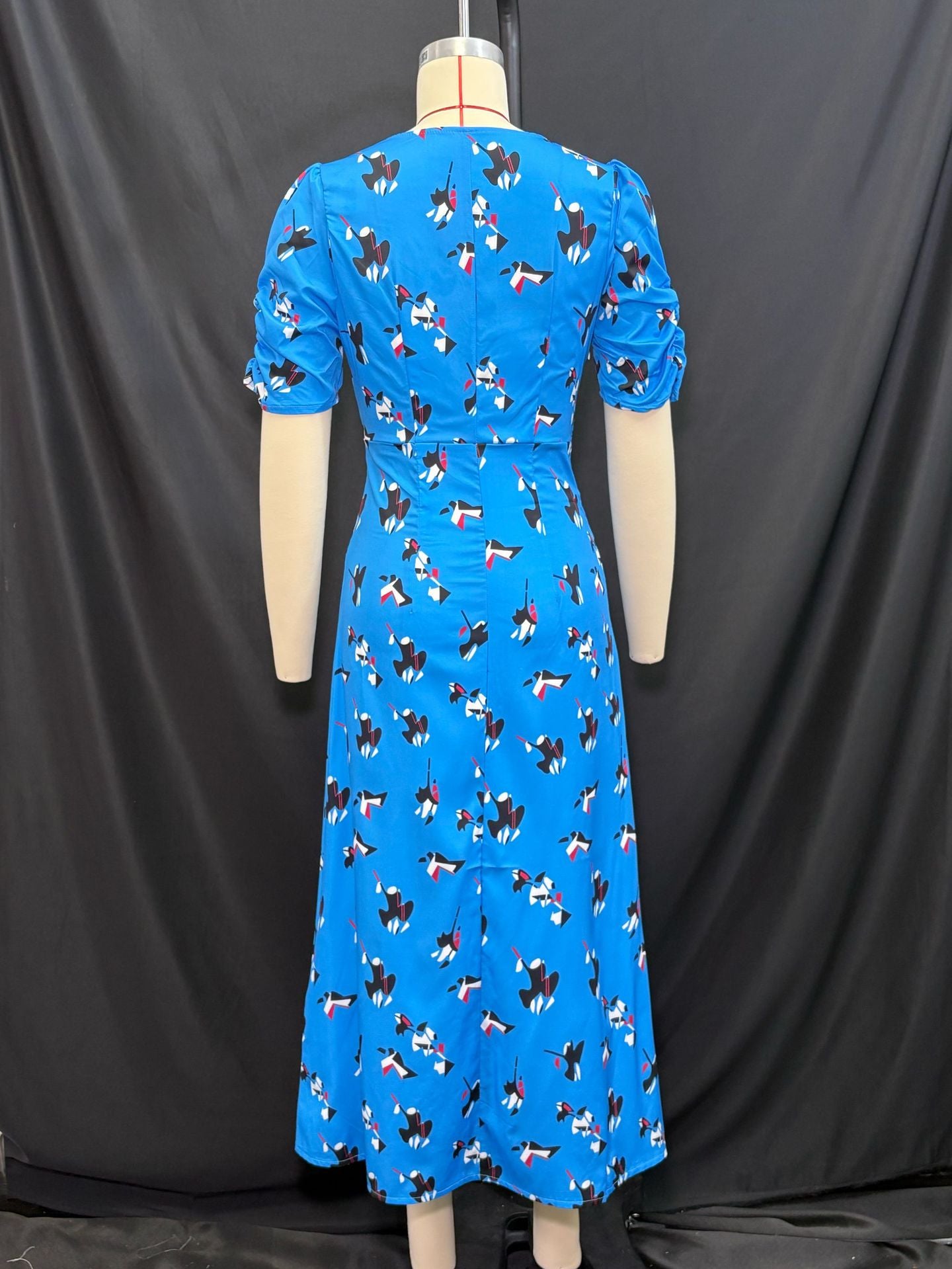 Women Summer Blue Printed V-Neck Puff Sleeve Dress 8