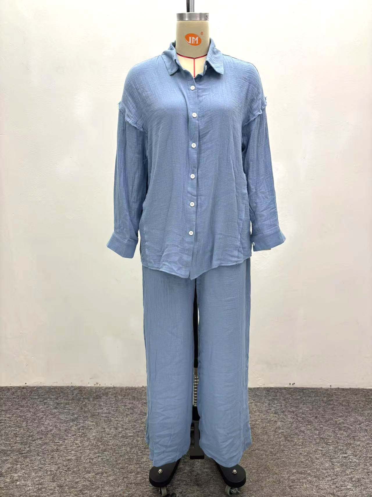 Women Turndown Collar Long-Sleeved Shirt and Pants Two-Piece Set 11