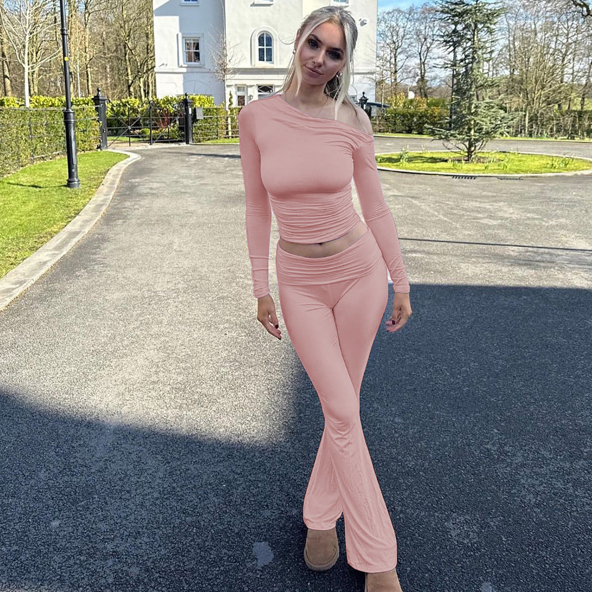 Women Summer Slash Shoulder Long Sleeve Top and Pants Two-piece Set 4