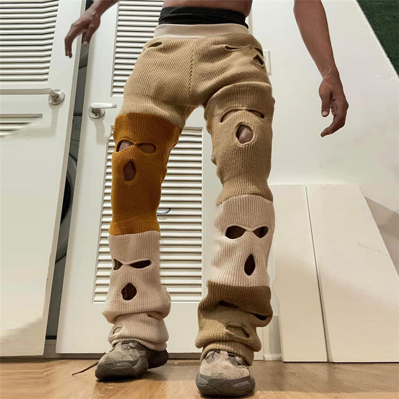 Autumn Casual Women Sexy Hollow Contrast Color Knitting High Waist Straight Pants 8