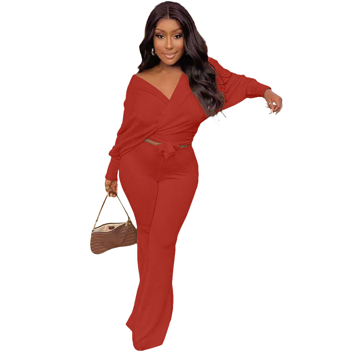 Fashionable Casual Solid Ribbed Loose-Cut Style Tie Bow Two Piece Set 10