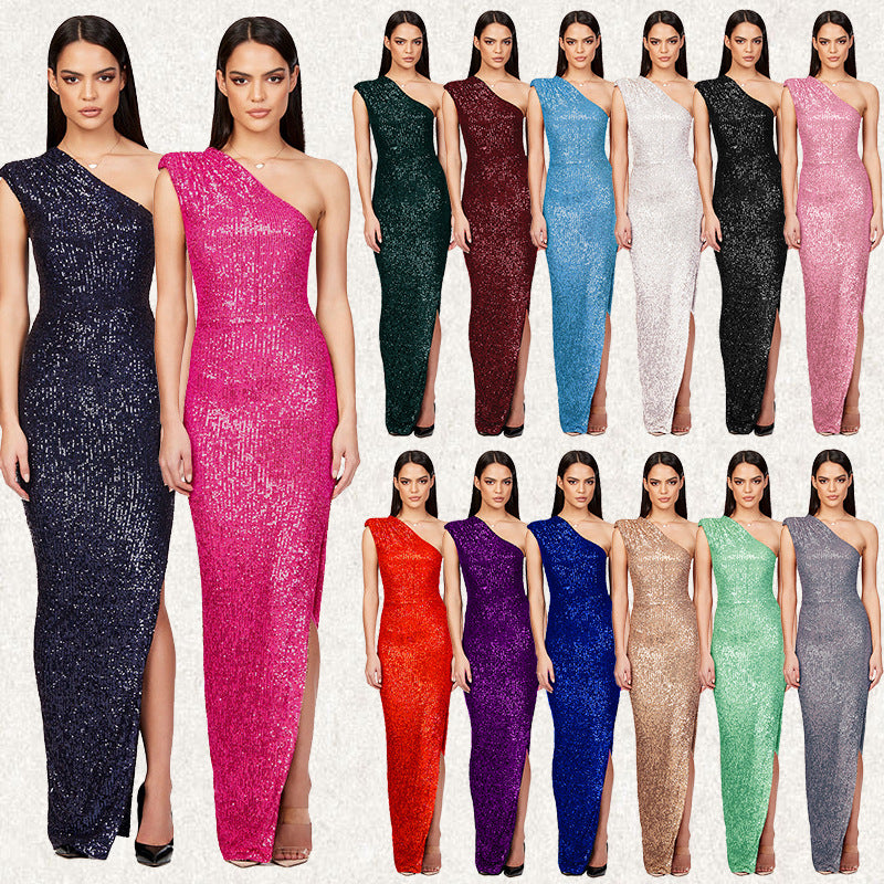 Women's One-Shoulder Sleeveless Sequined Slit Evening Party Dress 16