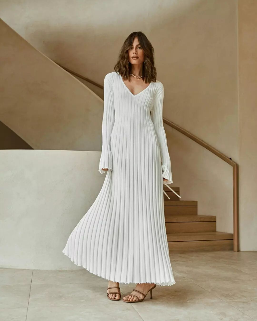 knitting dress Casual Slim Waist V-neck Wide Ribbed Slim Fit long dress 3