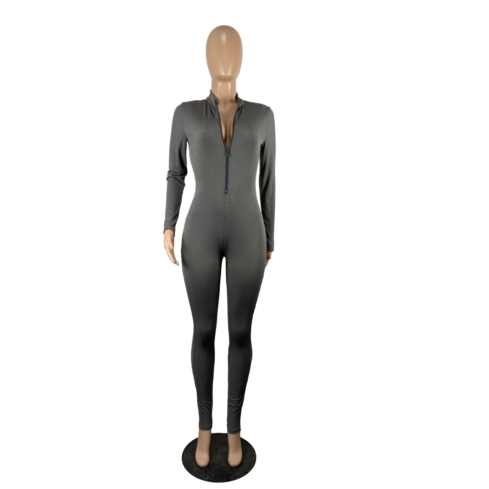Women'S Solid Zip Long Sleeve Tight Fitting Jumpsuit 18
