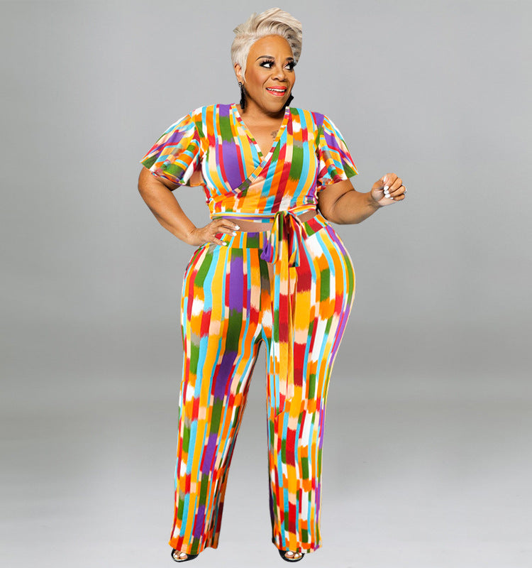 Plus Size Women's Spring Short Sleeve Top and Pants Set 5