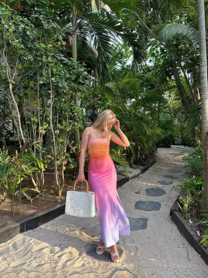Women Summer Casual Sexy Ombre Print Strapless Long Dress 4