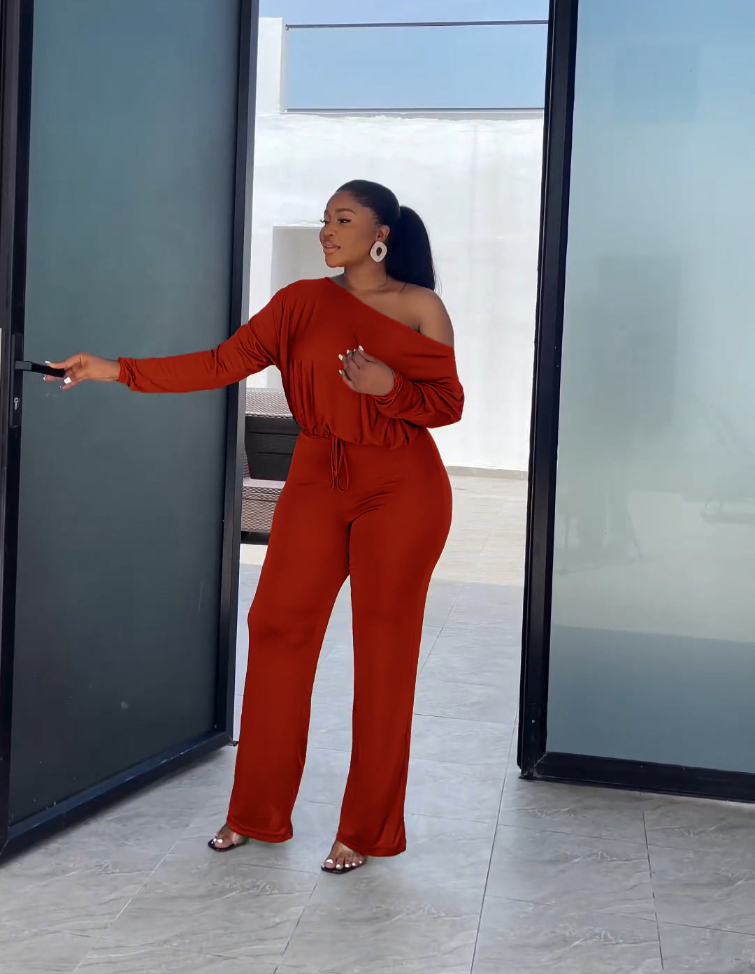 Women's Fashion Casual Solid Bat Sleeves Drawstring Jumpsuit 4