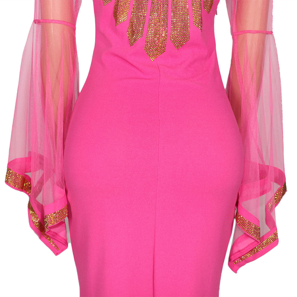 African Fashion Mesh Bell Bottom Sleeve Beaded Fishtail Plus Size Long Dress 11