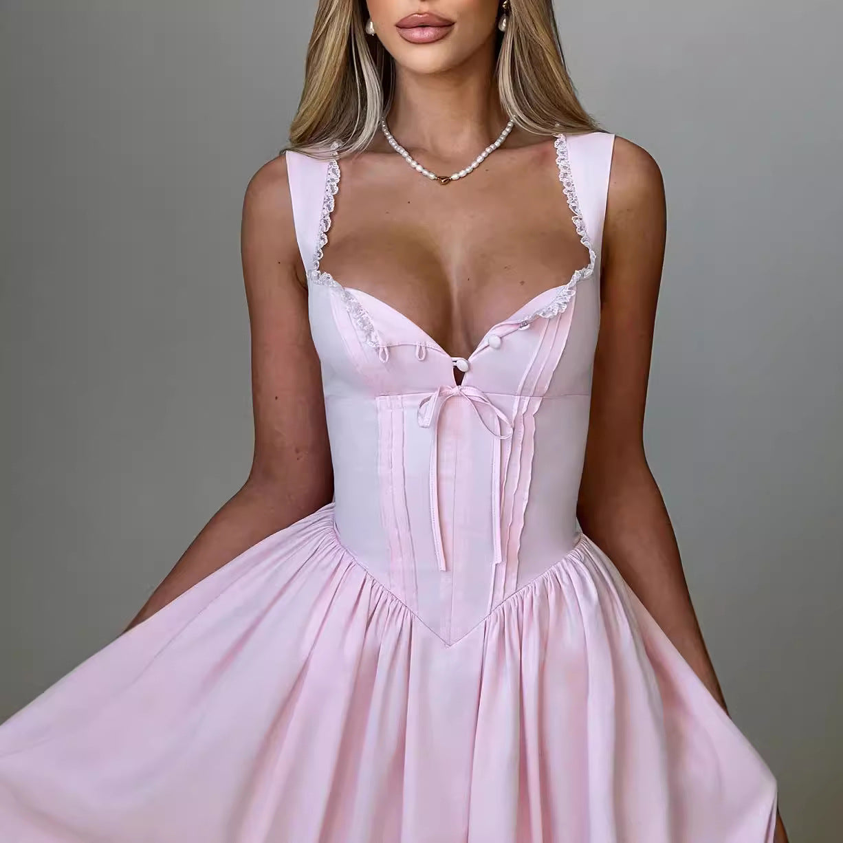 Lace Patchwork Strap Slim Low Back Puffy A-line Dress 4