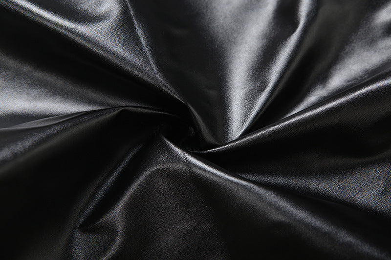 Women's Autumn Winter Fashion Sexy Faux Fur Patchwork Pu Leather Halter Neck Deep V-Neck Dress 18