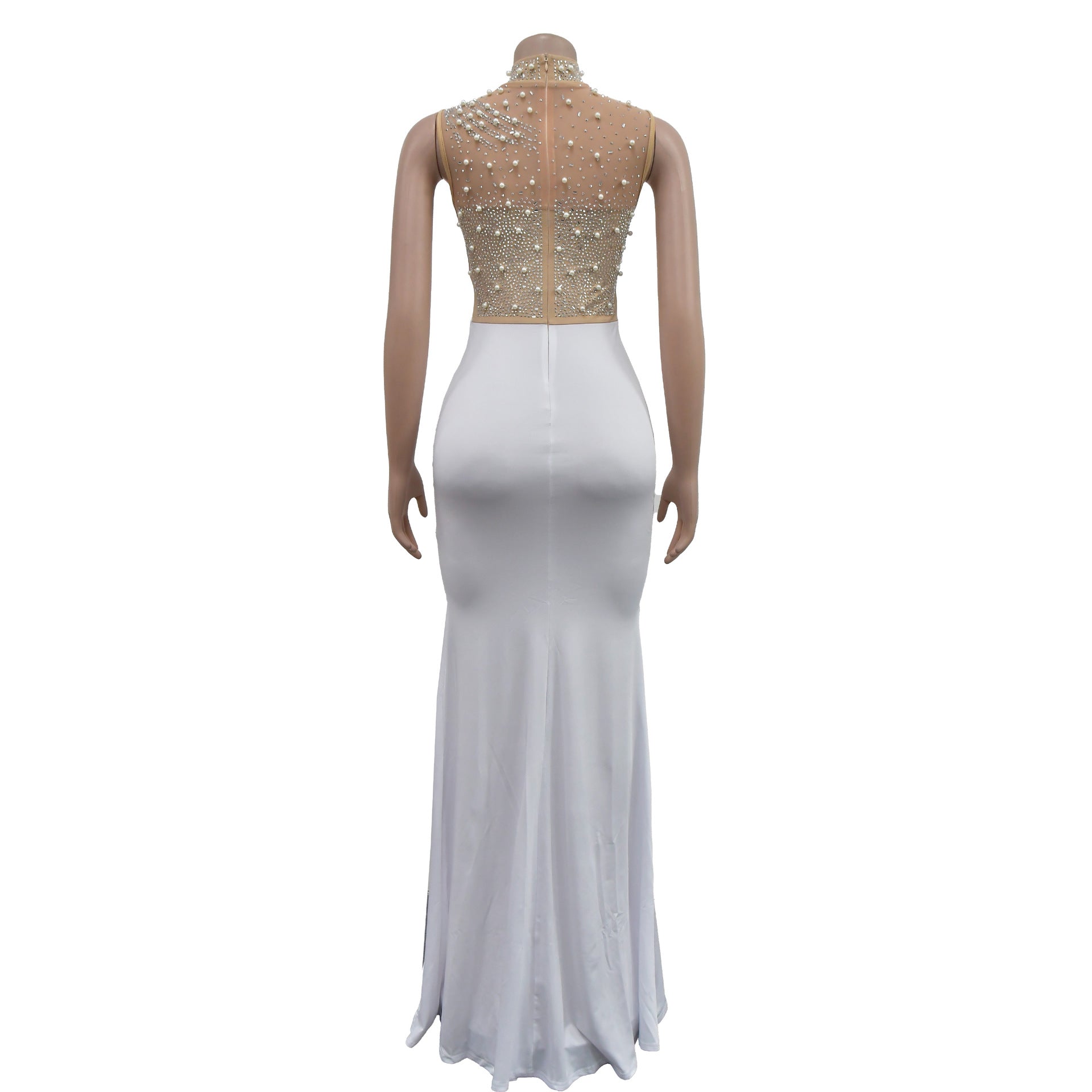 Fashion Women's Solid Color Beaded Mesh Sleeveless Long Dress 32