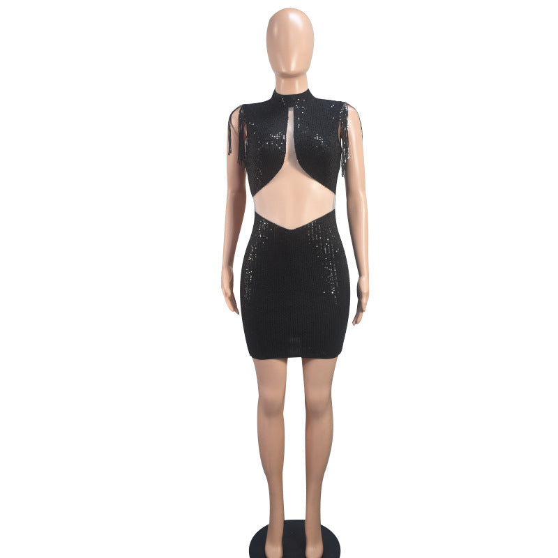Women Tassel Sequin Sexy Hollow Bodycon Dress 5