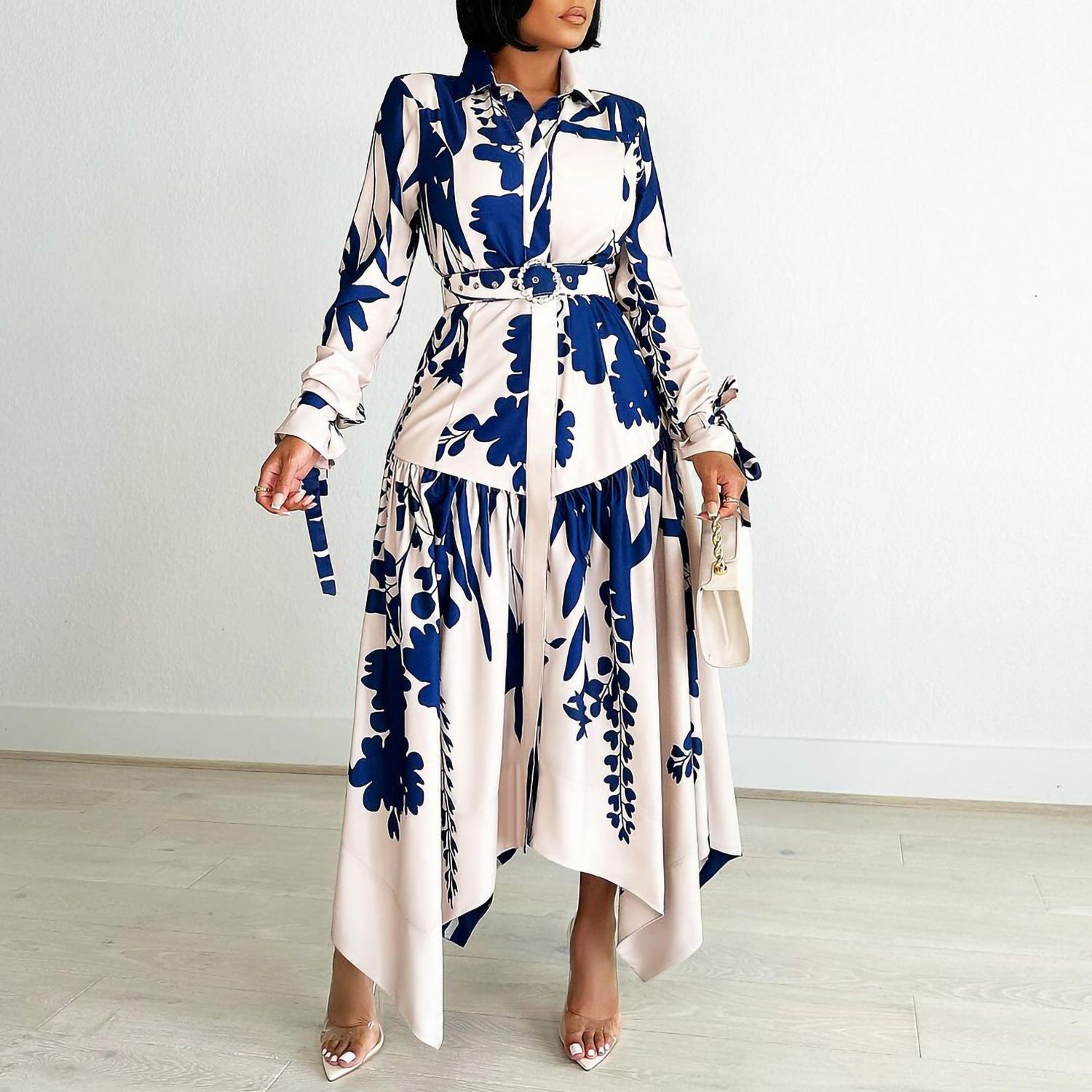 Plus Size Women Irregular Print Turndown Collar Dress
