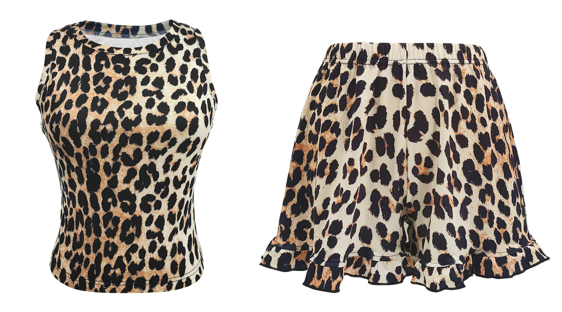 Women Sexy Printed Sleeveless Round Neck Tank Ruffle Shorts Two-Piece Set 5