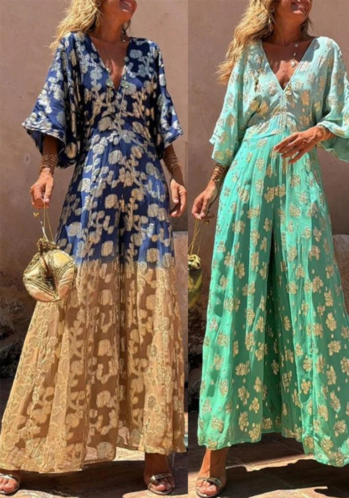 Print V-Neck Low Back Slim Waist Wide-Leg Jumpsuit