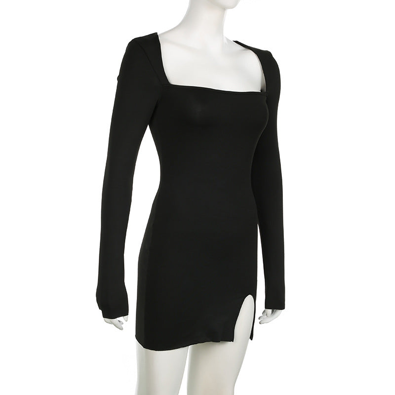 Women Solid Square Neck Long Sleeve Side Slit Hollow Backless Lace Mini Bodycon Dress 9