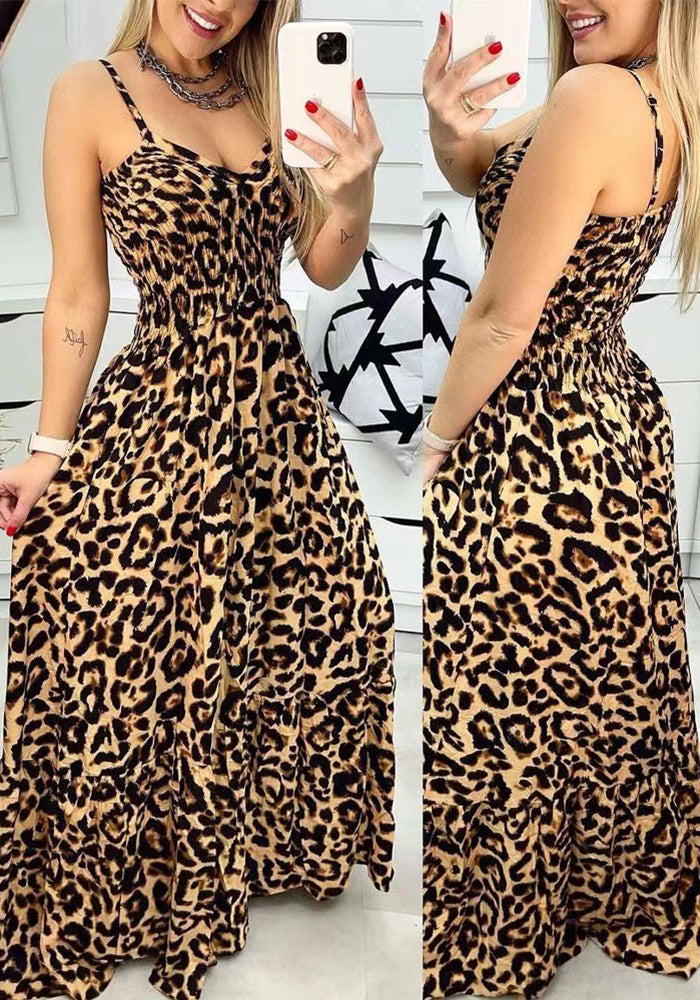 Summer Leopard Print V Neck Dress High Waist Sexy Chic Fashion Long Dress
