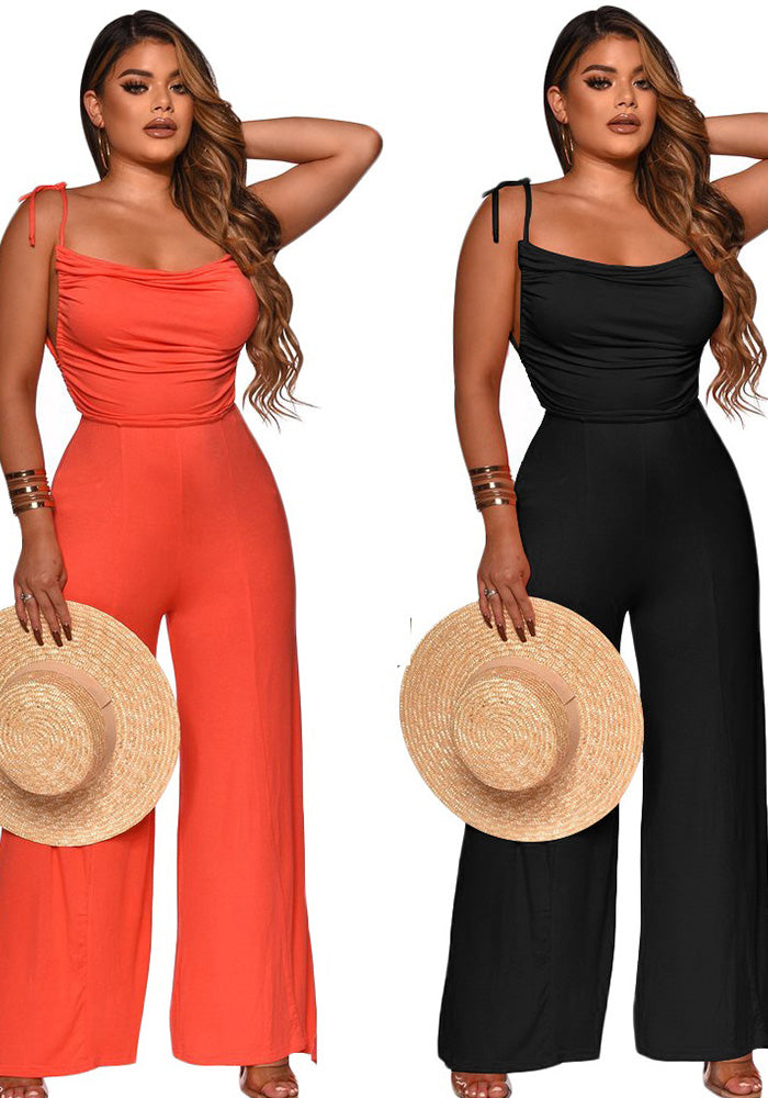 Women Solid Straps Lace-Up Wide Leg Jumpsuit