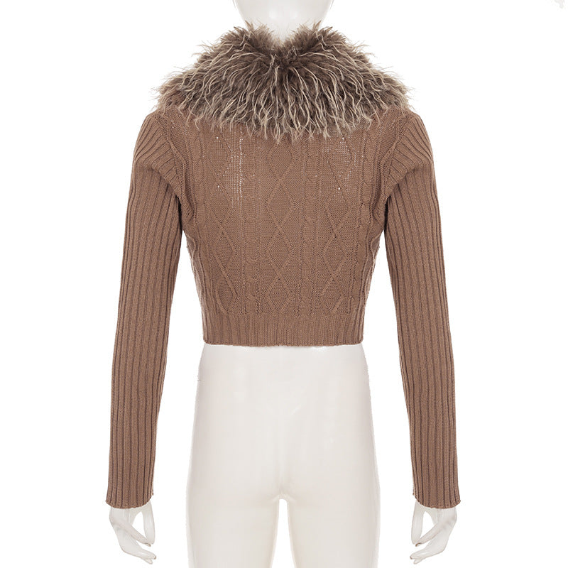 Autumn Winter American Detachable Fur Collar Cardigan Sweater Slim Short Jacket Top Women's Clothing 5