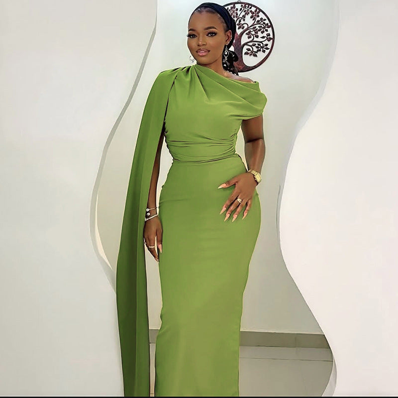 Women Elegant Slash Shoulder Solid One Shoulder Dress 3