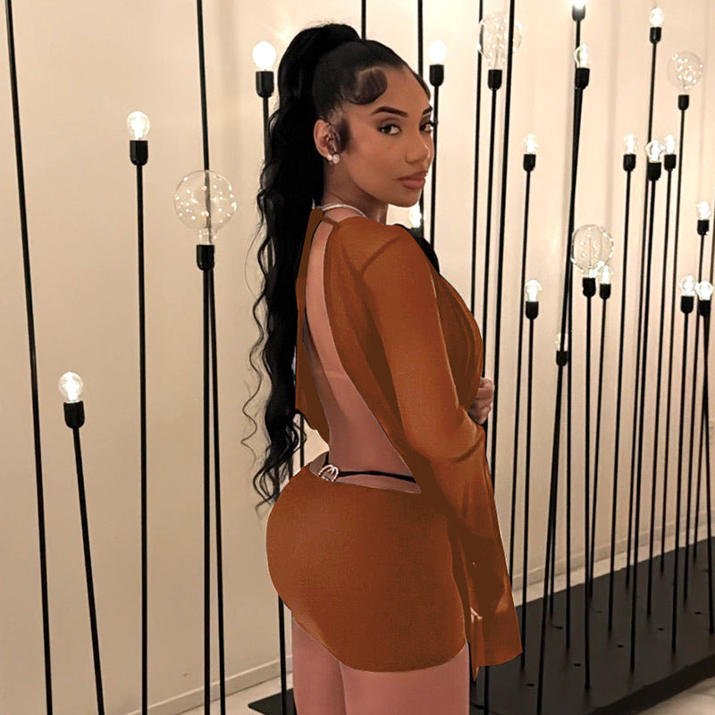 Women's Mesh Draped Neck Flared Long Sleeve Low Back Short Dress 6