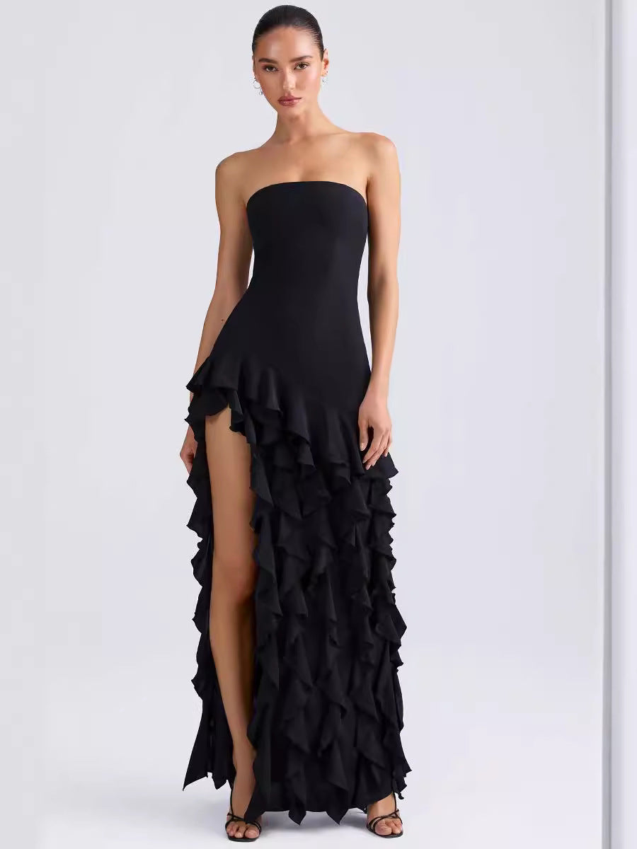 Summer Strapless Ruffle Solid Color Side Slit Chic Dress 7