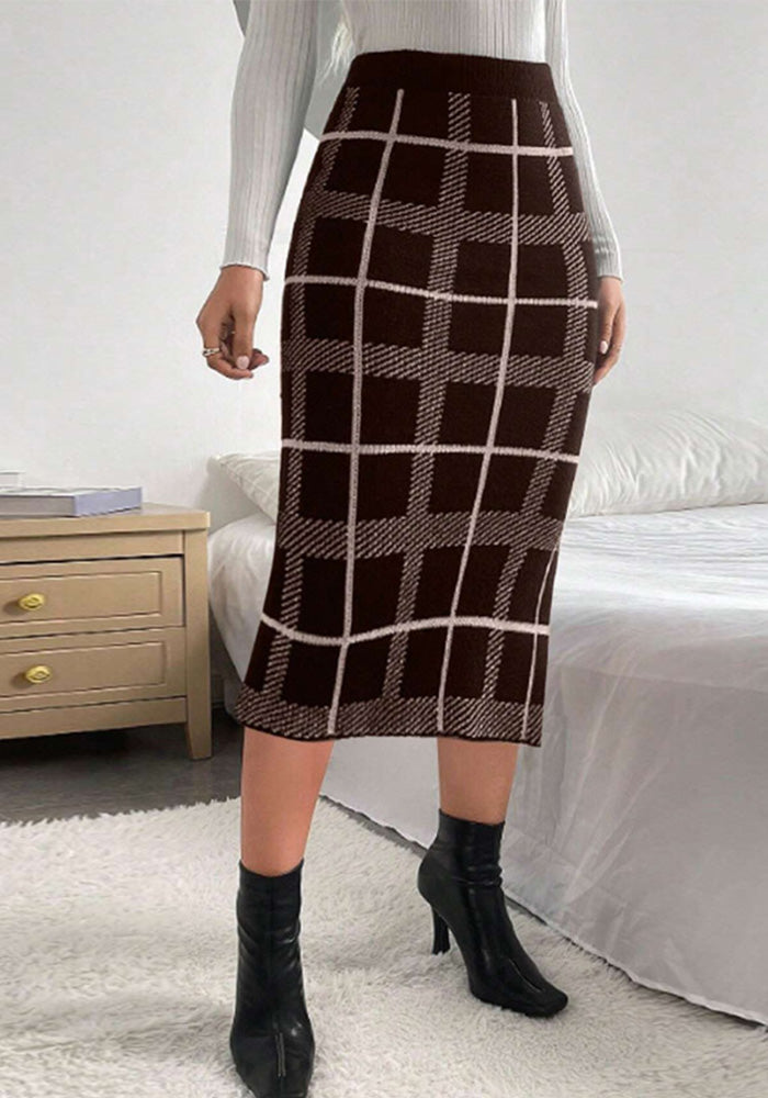 Women Slit Plaid Skirt