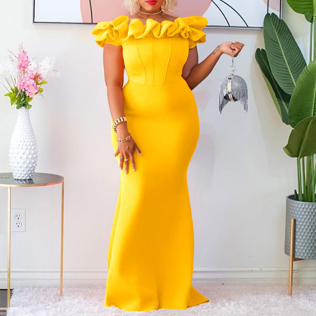 Women's Fashion Summer Solid Color Off Shoulder Mermaid Maxi Evening Dress 6