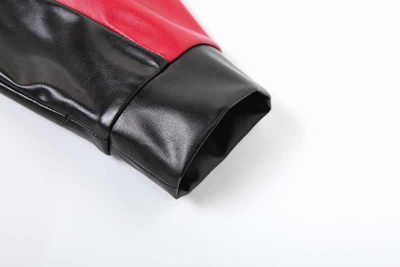 Autumn Winter Women's Fashion Contrast Slim Round Neck Pu Leather Jacket Coat 13