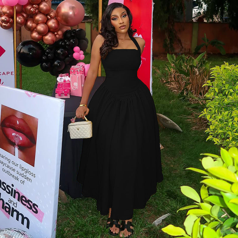 Women Career Pleated Halter Neck Sleeveless Solid Maxi Dress 4