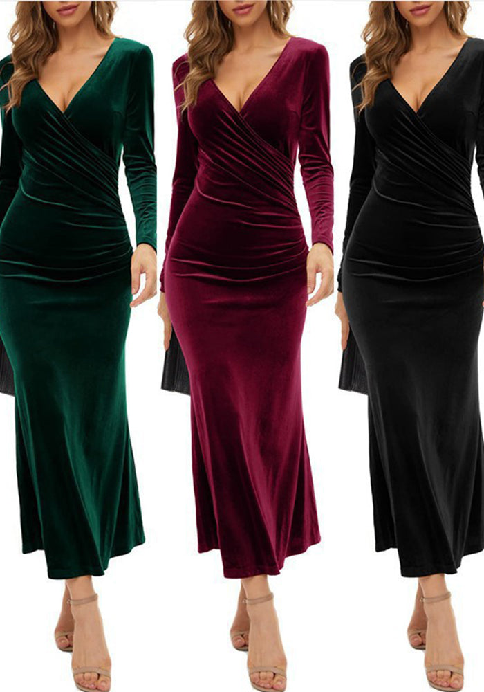 Autumn And Winter Women's Velvet V Neck Elegant Fishtail Slim Evening Dress