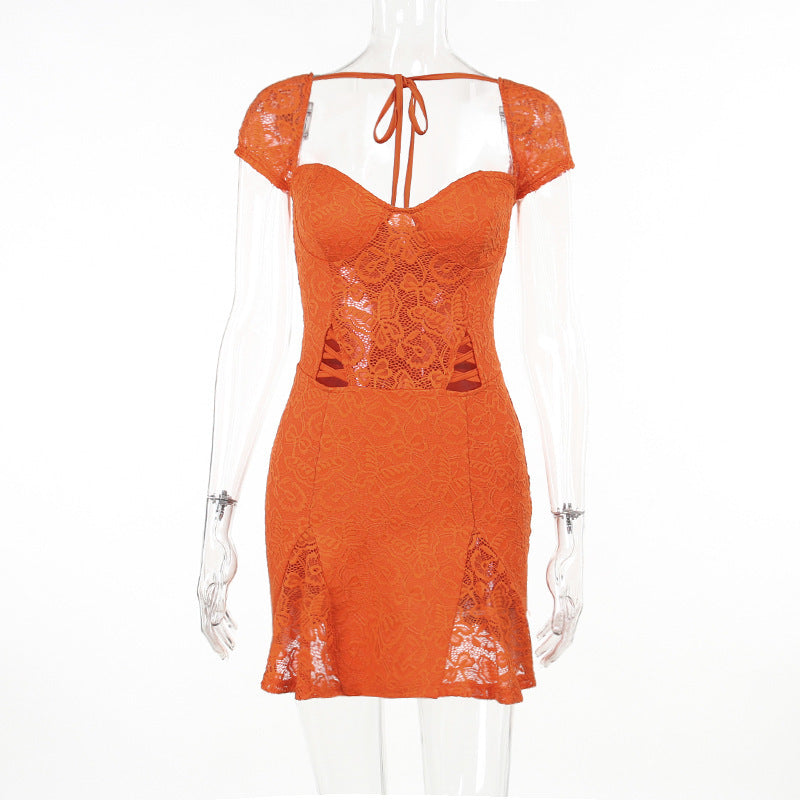 Women summer sexy lace short-sleeved bodycon dress 10