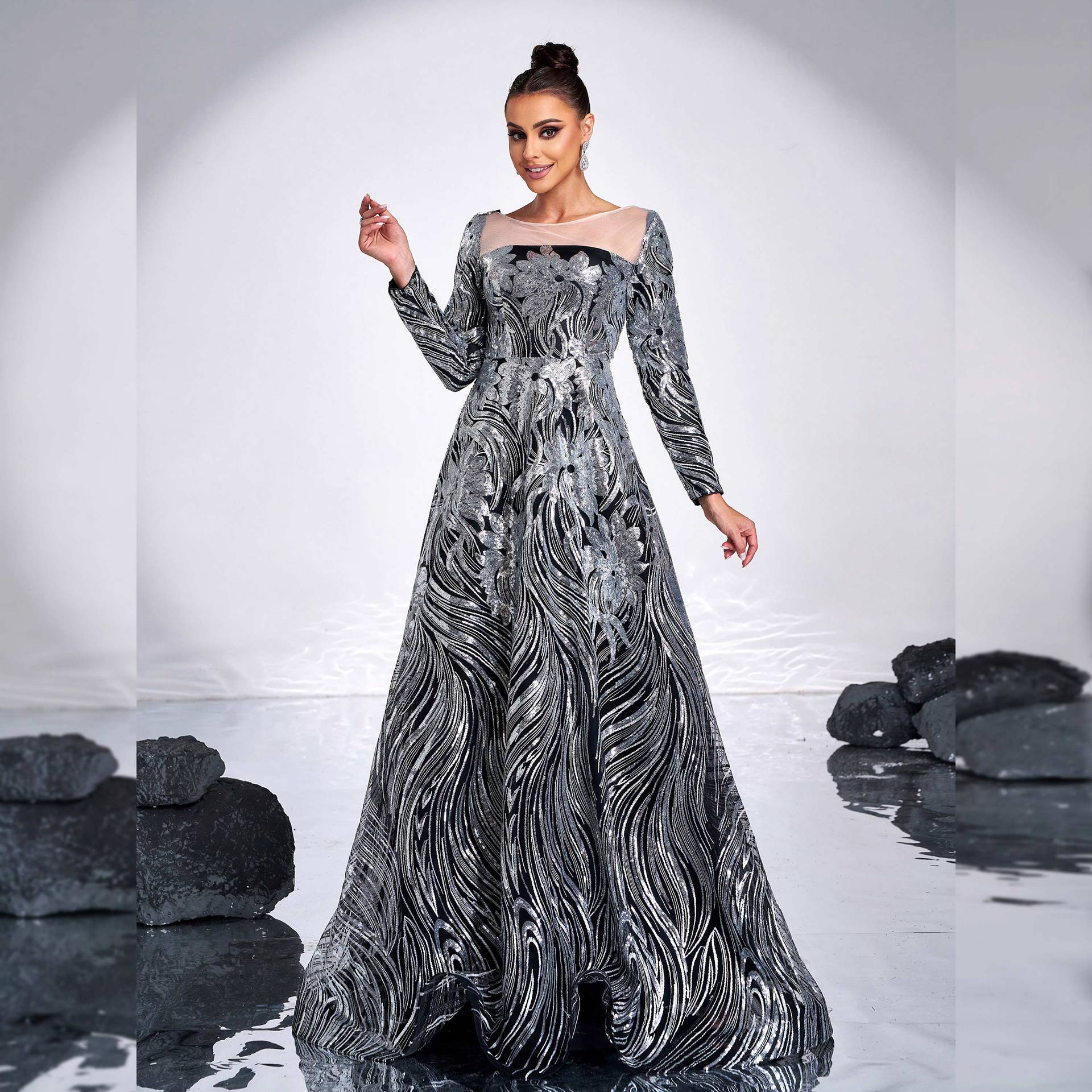 Luxury Long Sleeve Round Neck Formal Party A-Line Sequin Evening Dress Women Bridesmaid Gown 7